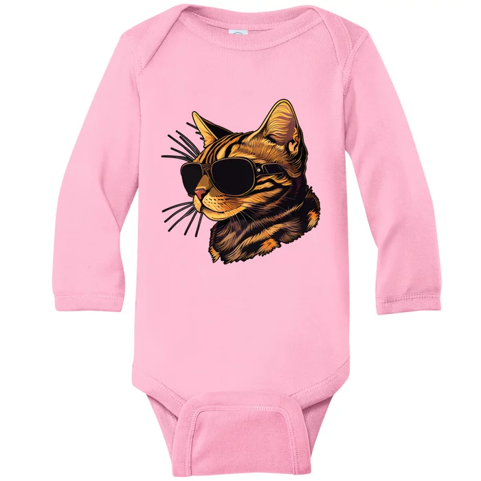 Dad Mom Cat Sunglasses Bengal Cat Funny Gift Baby Long Sleeve Bodysuit