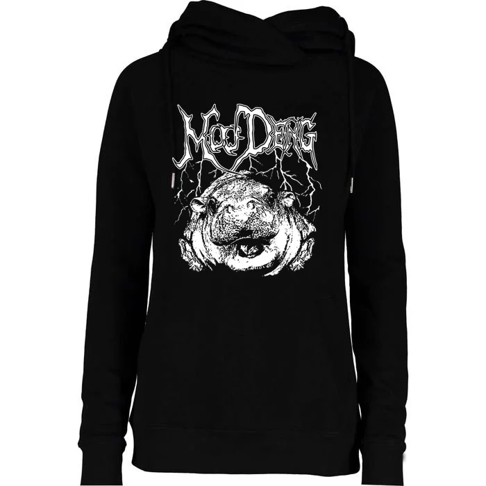 Death Metal Cute Baby Hippo Moo Deng Hippopotamus Womens Funnel Neck Pullover Hood