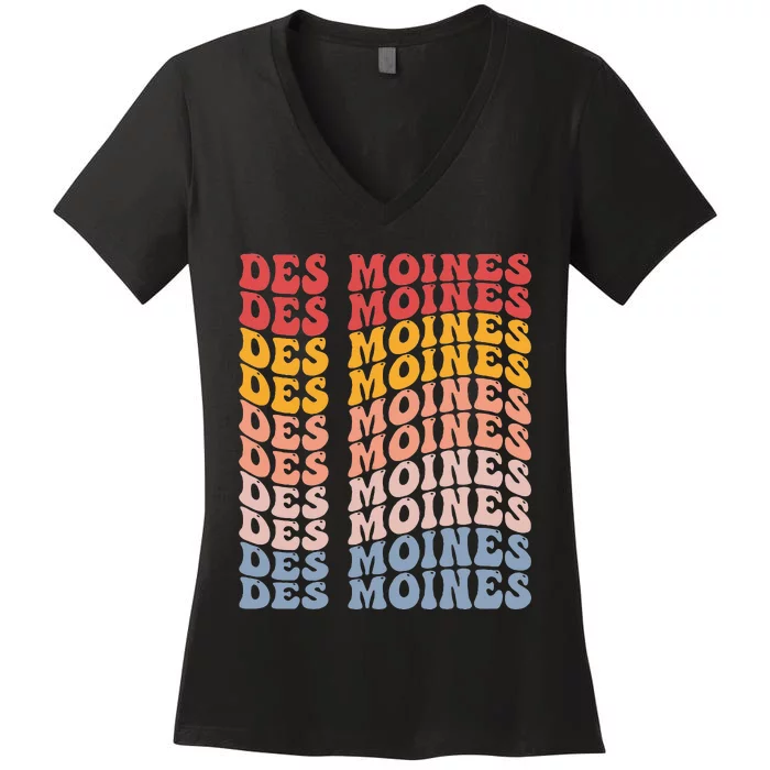 Des Moines City Groovy Retro Women's V-Neck T-Shirt