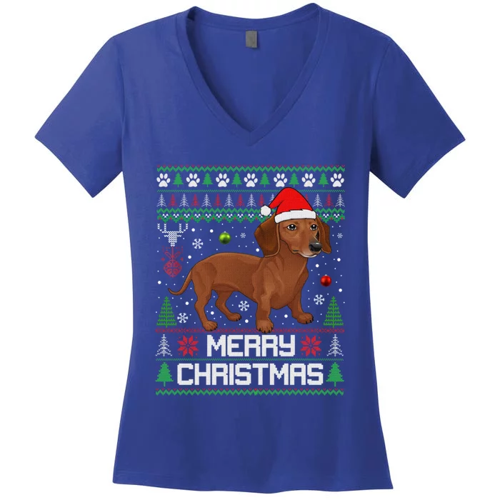 Dachshund Merry Christmas Tree Light Santa Dackel Dachshund Gift Women's V-Neck T-Shirt