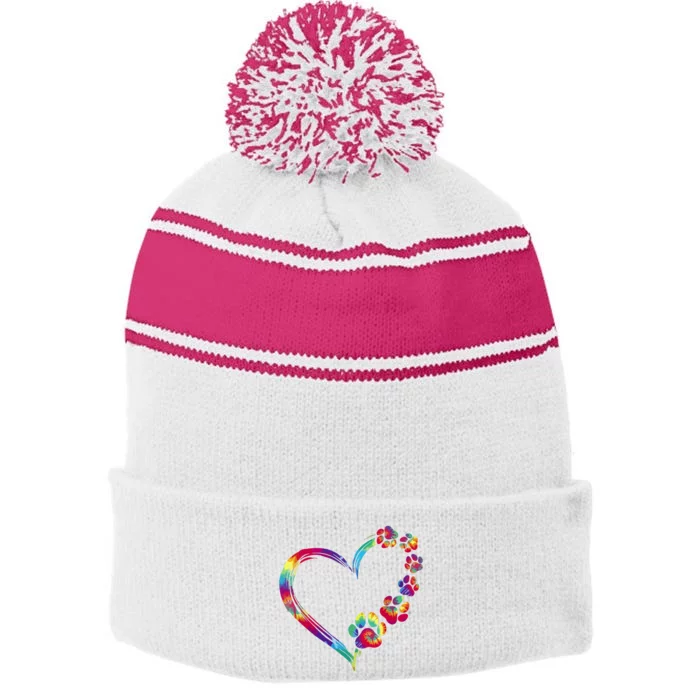 Dog Mom Dad Puppy Love Dogs Paw Print Heart Tie Dye Funny Stripe Pom Pom Beanie