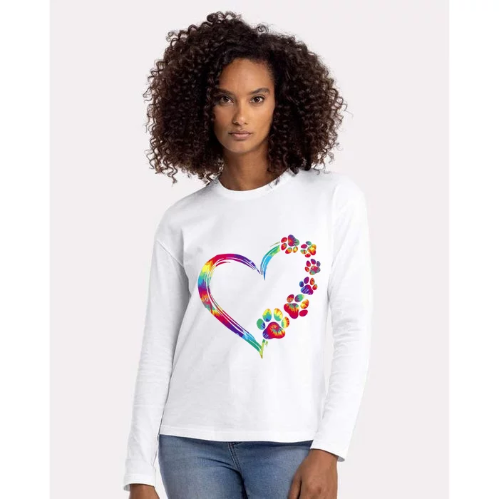 Dog Mom Dad Puppy Love Dogs Paw Print Heart Tie Dye Funny Womens Cotton Relaxed Long Sleeve T-Shirt