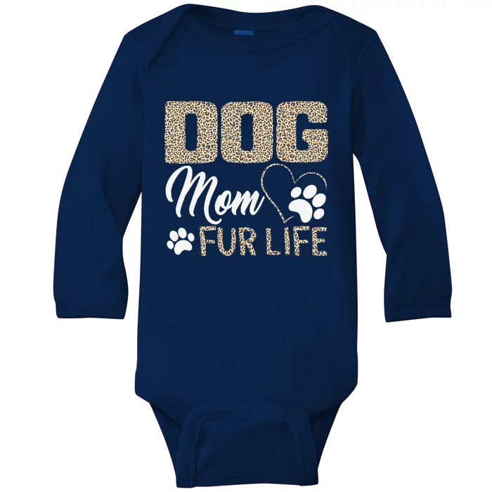 Dog Mom Fur Life Mothers Day Pet Owner Leopard Print Baby Long Sleeve Bodysuit