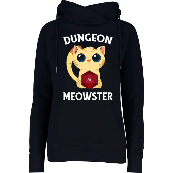 Dungeon Meowster Funny Nerdy Cat D20 RPG Fantasy Game Master Womens Funnel Neck Pullover Hood