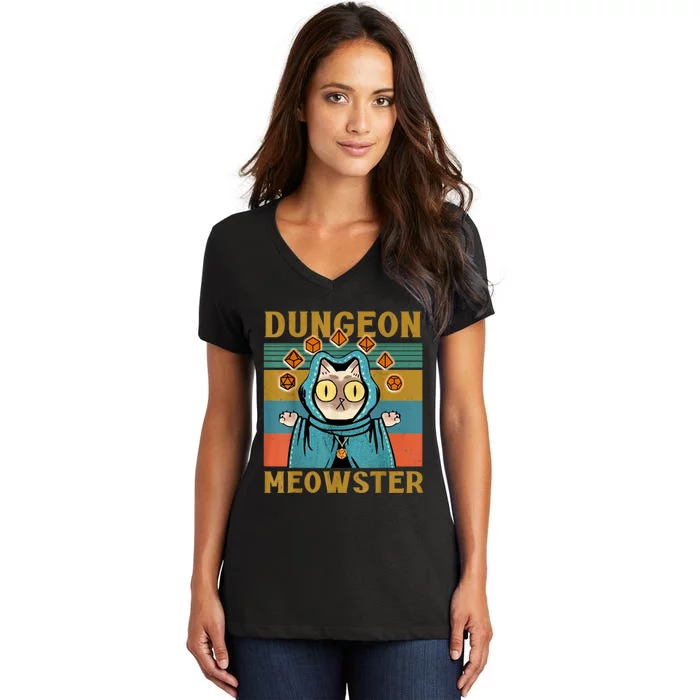 Dungeon Meowster Funny Nerdy Gamer Cat Vintage Game Women's V-Neck T-Shirt