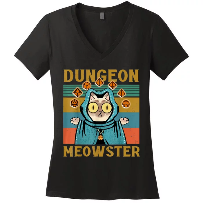 Dungeon Meowster Funny Nerdy Gamer Cat Vintage Game Women's V-Neck T-Shirt