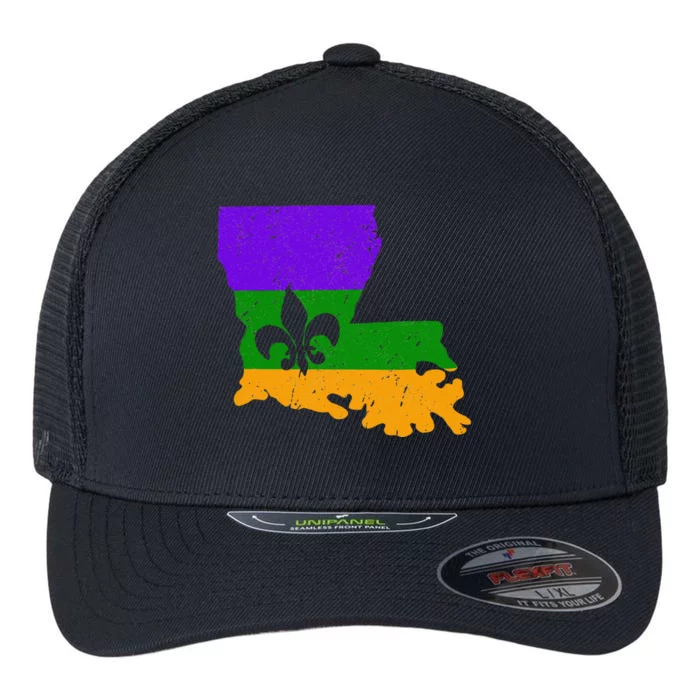 Distressed Mardi Gras Fleur De Lis Flexfit Unipanel Trucker Cap