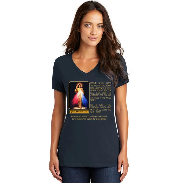 Divine Mercy Jesus Image Chaplet Novena Prayer Catholic Women's V-Neck T-Shirt