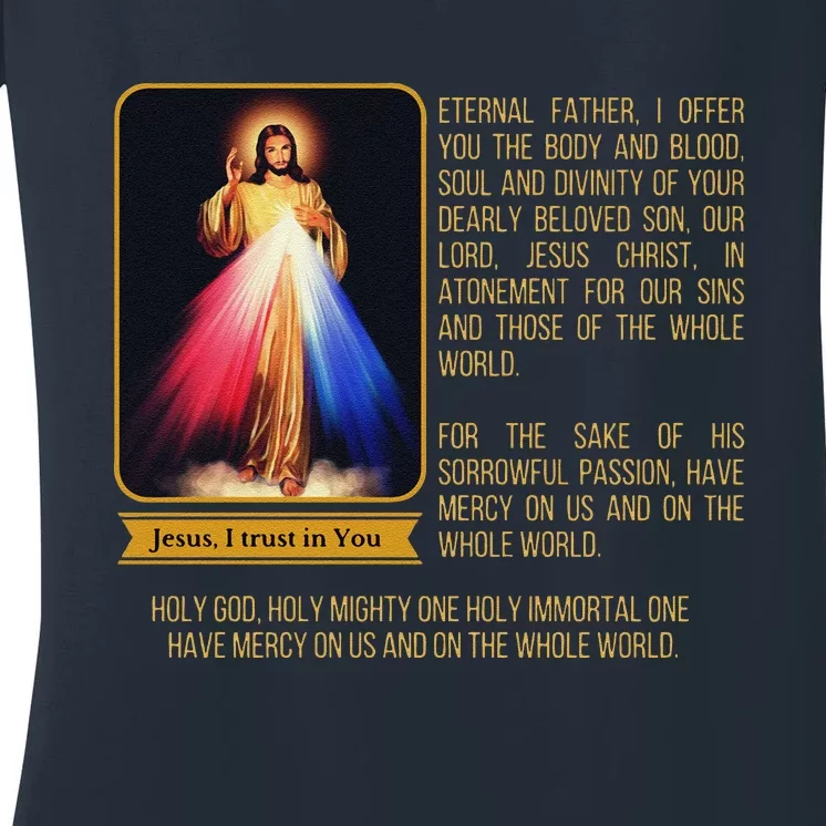 Divine Mercy Jesus Image Chaplet Novena Prayer Catholic Women's V-Neck T-Shirt