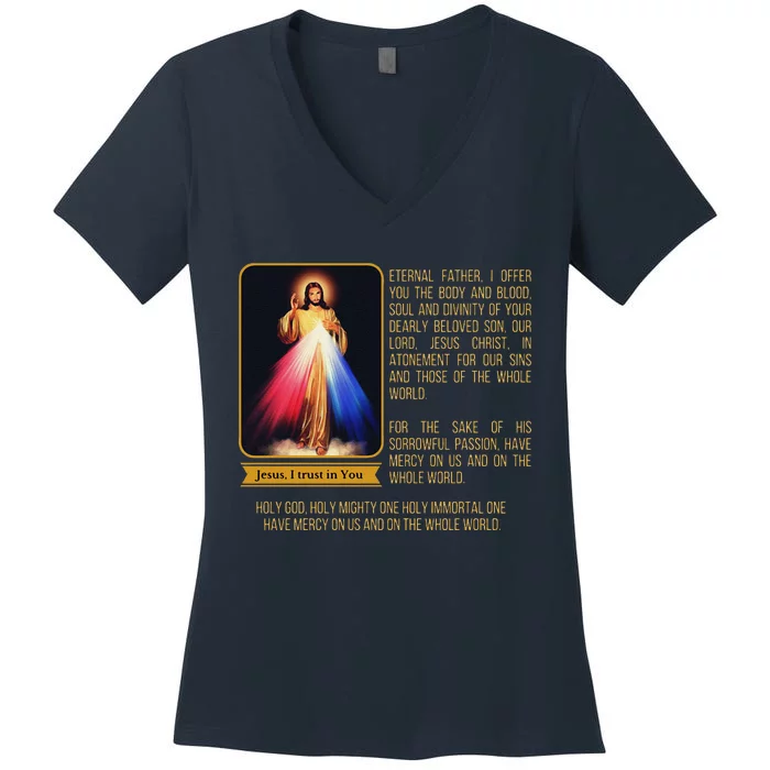 Divine Mercy Jesus Image Chaplet Novena Prayer Catholic Women's V-Neck T-Shirt