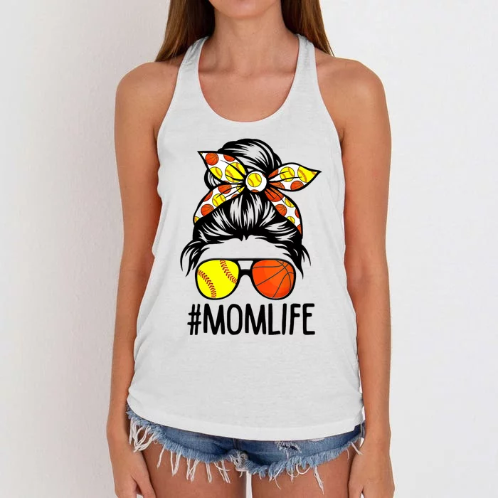 Dy Mom Life Softball Basketball Mommy Mothers Day Messy Bun Women's Knotted Racerback Tank