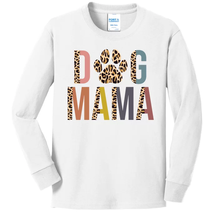 Dog Mama Leopard Paw Print Kids Long Sleeve Shirt