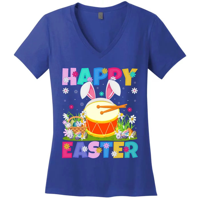 Drum Music Lover Happy Easter Bunny Drum Easter Sunday Cute Gift Women's V-Neck T-Shirt