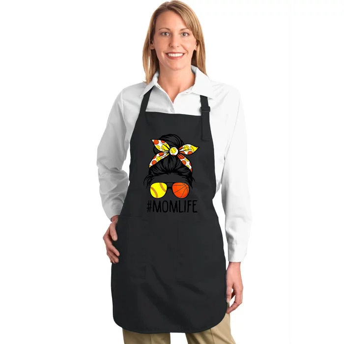 Dy Mom Life Softball Basketball Mommy Mothers Day Messy Bun Full-Length Apron With Pocket