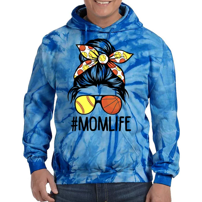 Dy Mom Life Softball Basketball Mommy Mothers Day Messy Bun Gift Tie Dye Hoodie