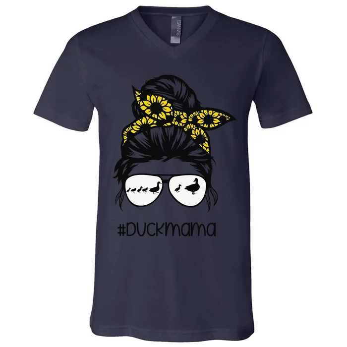 Duck Mama Messy Bun Sunflower, Duck Mom Messy Bun Sunflower V-Neck T-Shirt