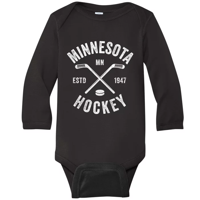 Distressed Minnesota Mn Ice Hockey Sticks Vintage Gift Meaningful Gift Baby Long Sleeve Bodysuit