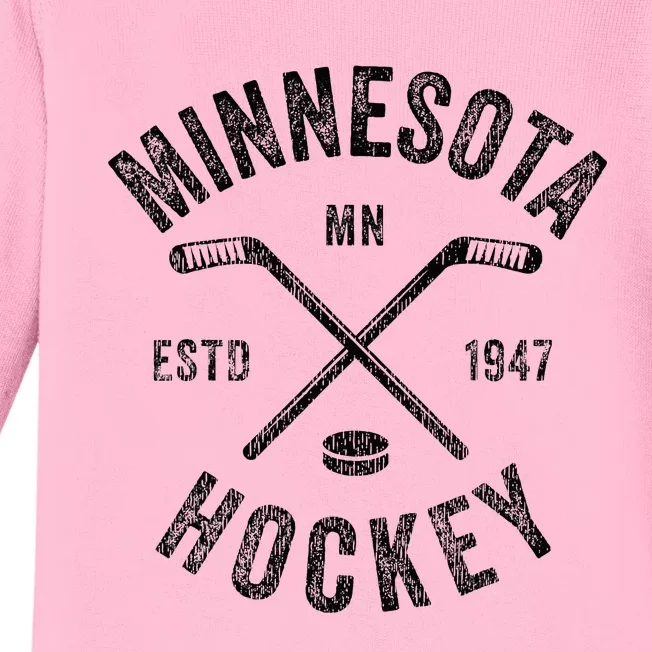 Distressed Minnesota Mn Ice Hockey Sticks Baby Long Sleeve Bodysuit