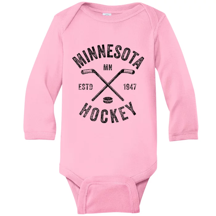 Distressed Minnesota Mn Ice Hockey Sticks Baby Long Sleeve Bodysuit