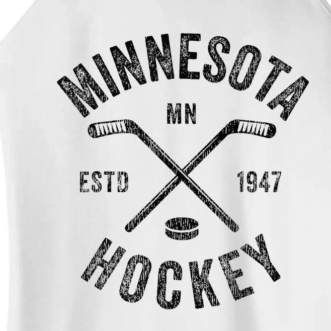 Distressed Minnesota Mn Ice Hockey Sticks Women’s Perfect Tri Rocker Tank