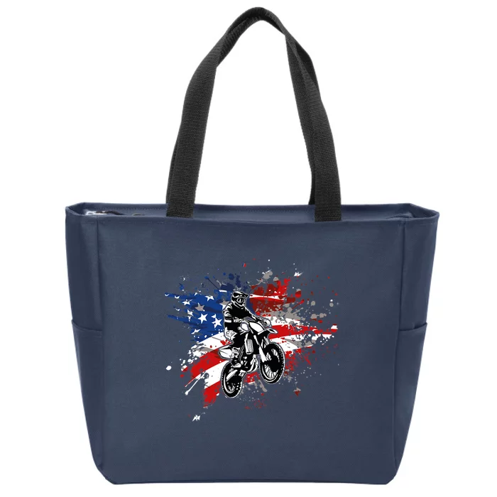 Dirtbike Motocross MX US Flag Smash Zip Tote Bag