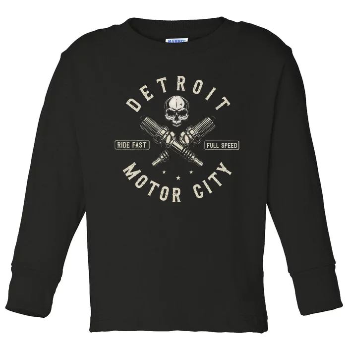 Detroit Michigan Motor City Spark Plug Wings Ride Fast Speed Toddler Long Sleeve Shirt