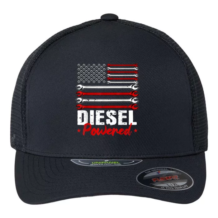 Diesel Mechanic Powered Patriotic American Flag Flexfit Unipanel Trucker Cap