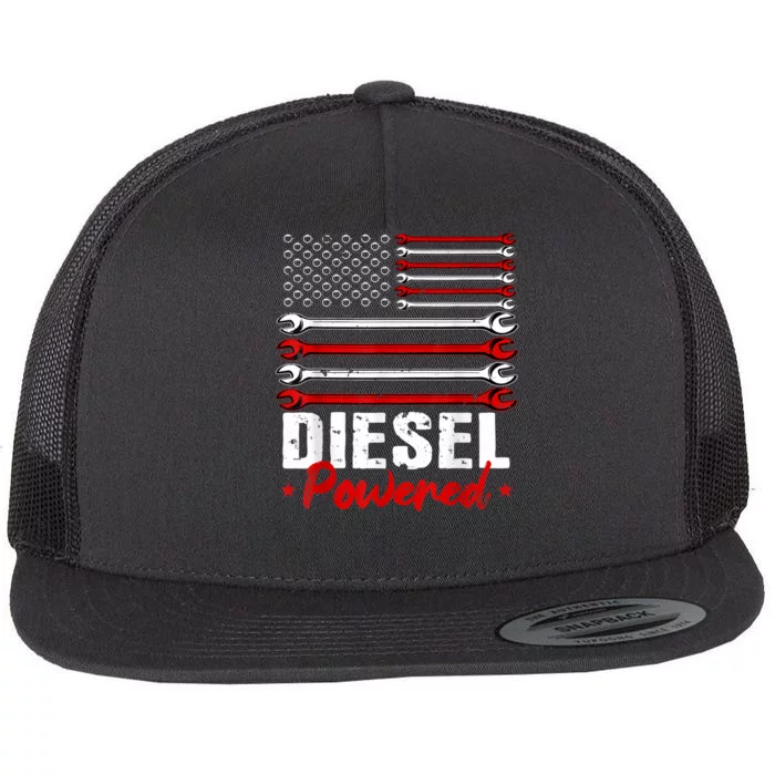 Diesel Mechanic Powered Patriotic American Flag Flat Bill Trucker Hat