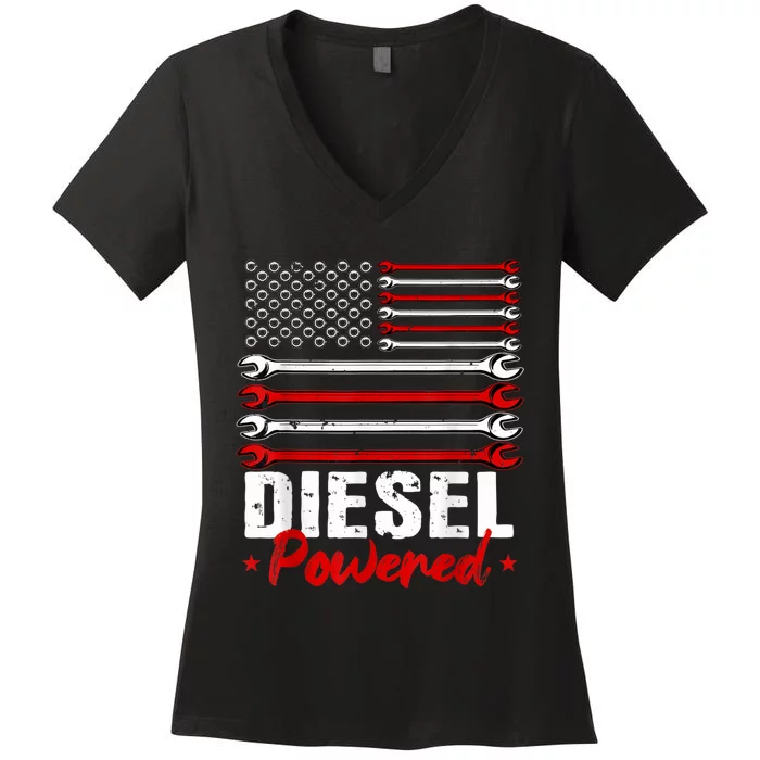 Diesel Mechanic Powered Patriotic American Flag Women's V-Neck T-Shirt