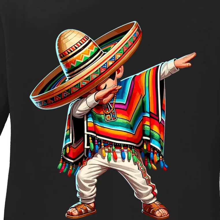 Dabbing Mexican Poncho Cinco De Mayo Mexican Boy Dabbing Poncho Ladies Long Sleeve Shirt