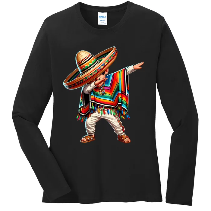 Dabbing Mexican Poncho Cinco De Mayo Mexican Boy Dabbing Poncho Ladies Long Sleeve Shirt