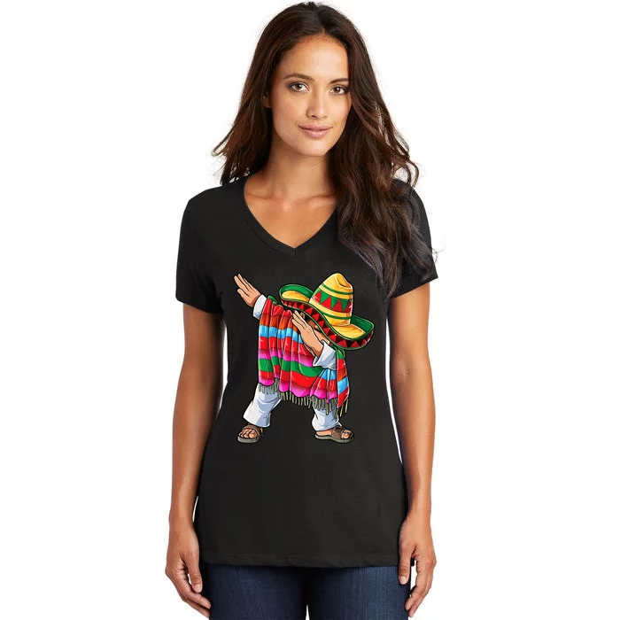 Dabbing Mexican Poncho Cinco De Mayo Short Sleeve Sombrero Dab Women's V-Neck T-Shirt