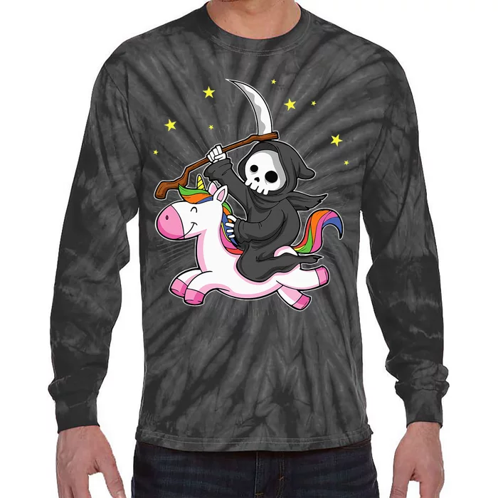 Death Metal Rock Music Rainbow Grim Reaper Riding Unicorn Tie-Dye Long Sleeve Shirt