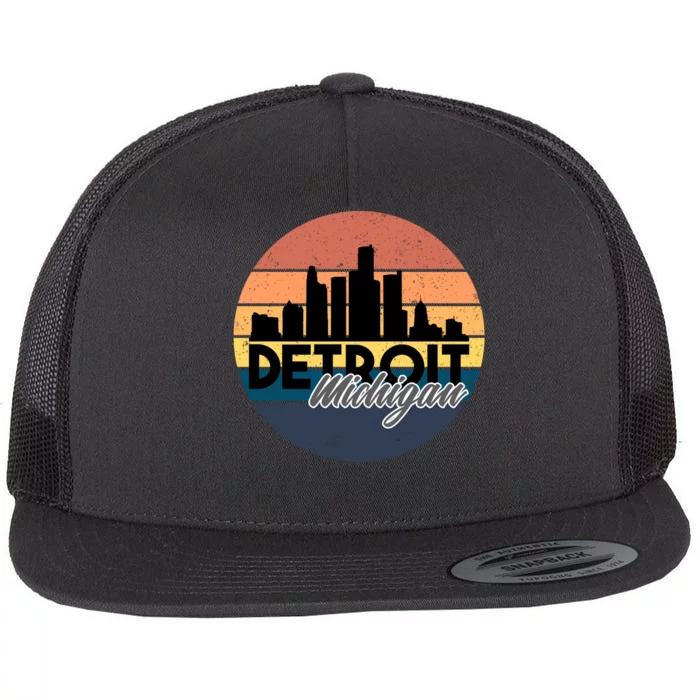 Detroit Michigan Retro Skyline Flat Bill Trucker Hat