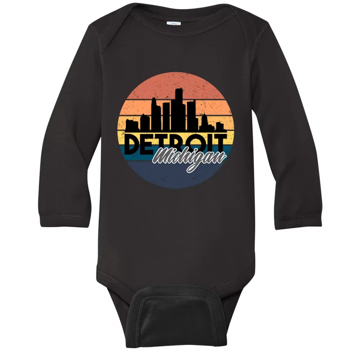 Detroit Michigan Retro Skyline Baby Long Sleeve Bodysuit