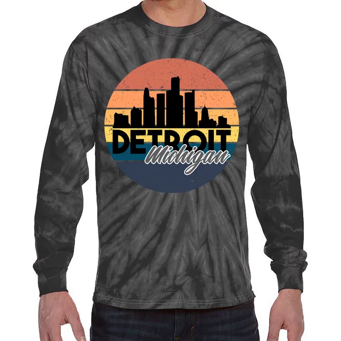 Detroit Michigan Retro Skyline Tie-Dye Long Sleeve Shirt