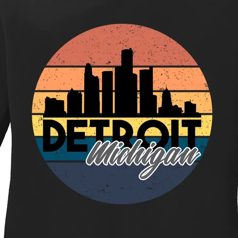 Detroit Michigan Retro Skyline Ladies Long Sleeve Shirt