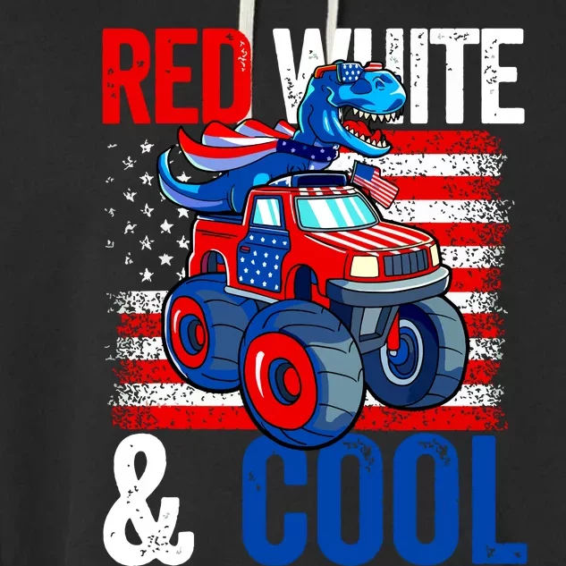 Dinosaur Monster Truck Dino 4th Of July Boy American Flag Garment-Dyed Fleece Hoodie