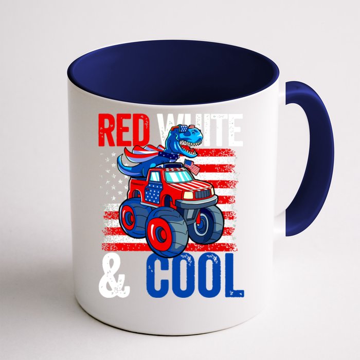 Dinosaur Monster Truck Dino 4th Of July Boy American Flag Front & Back Coffee Mug