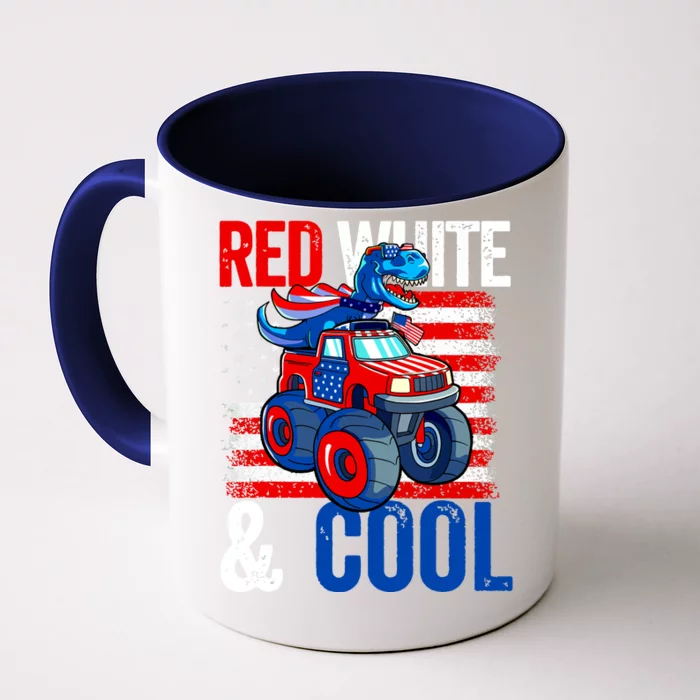 Dinosaur Monster Truck Dino 4th Of July Boy American Flag Front & Back Coffee Mug