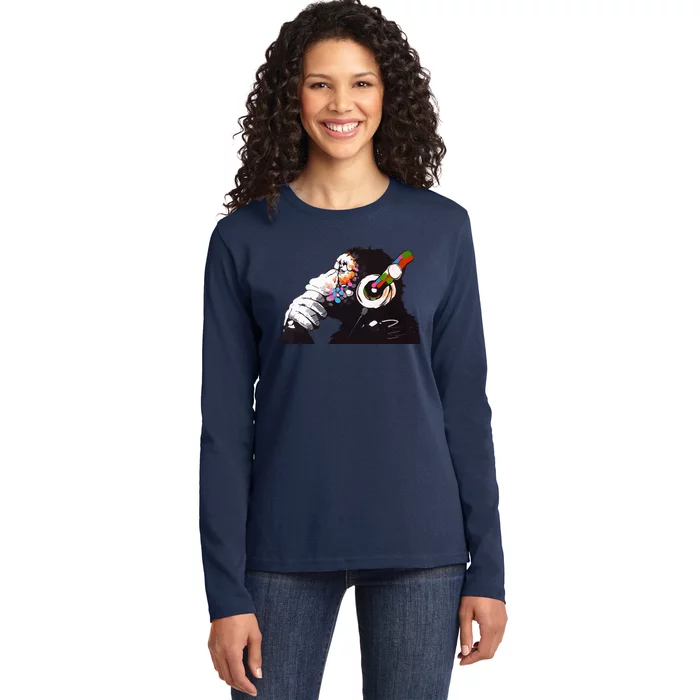 Dj Monkey Thinker Ladies Long Sleeve Shirt