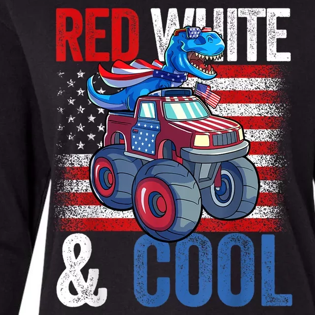 Dinosaur Monster Truck Dino 4th Of July American Flag Womens Cotton Relaxed Long Sleeve T-Shirt