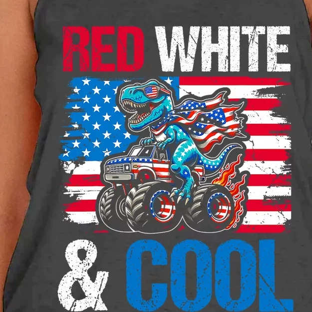 Dinosaur Monster Truck Dino 4th Of July American Flag Women's Knotted Racerback Tank