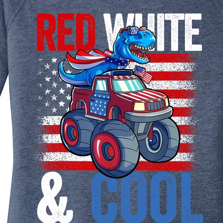 Dinosaur Monster Truck Dino 4th Of July Boy American Flag Women's Perfect Tri Tunic Long Sleeve Shirt