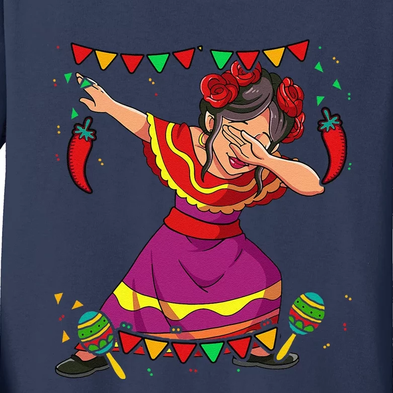 Dabbing Mexican Woman Cinco De Mayo Kids Long Sleeve Shirt