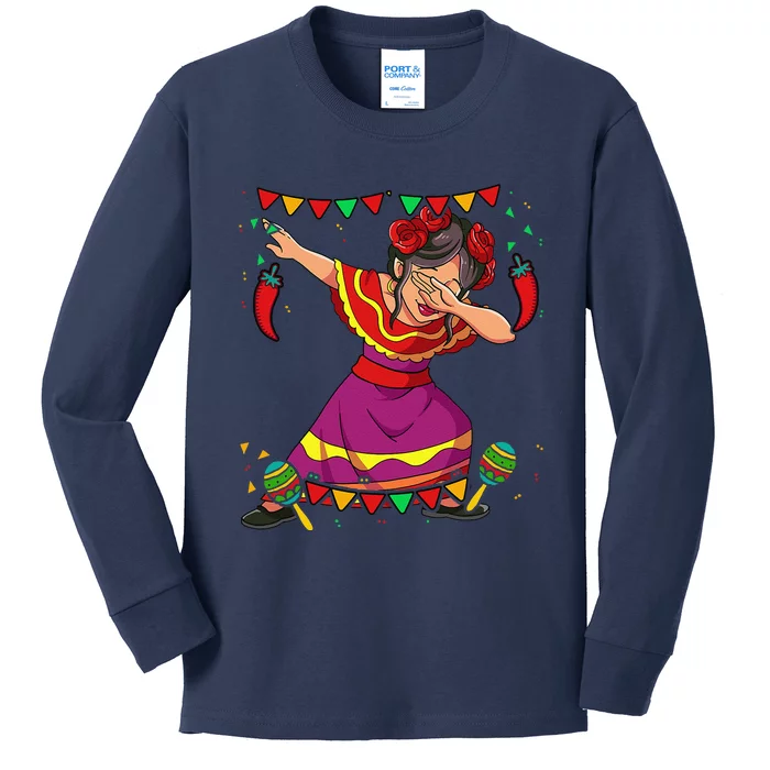 Dabbing Mexican Woman Cinco De Mayo Kids Long Sleeve Shirt