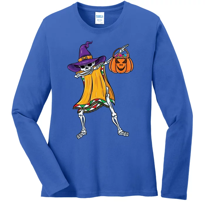 Dabbing Mexican Witch Skeleton Halloween Candy Gift Ladies Long Sleeve Shirt