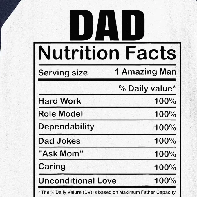 Dad Nutrition Facts Funny Humorous Dad Quote For Fathers Day Baseball Sleeve Shirt