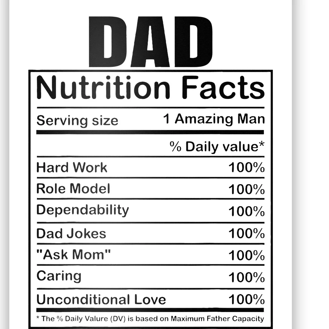 Dad Nutrition Facts Funny Humorous Dad Quote For Fathers Day Poster