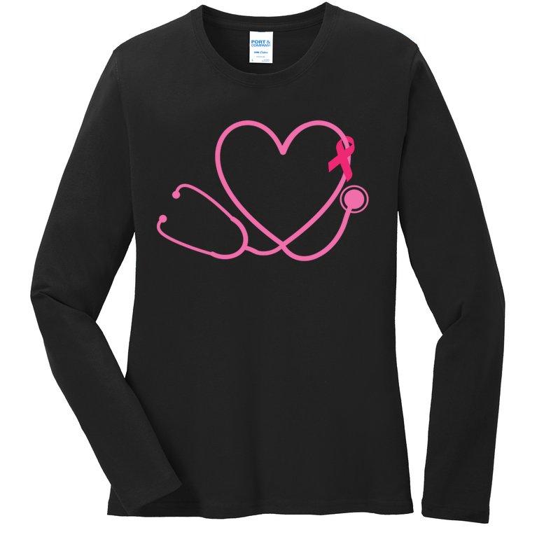 Doctor Nurse Heart Love Pink Ribbon Cute Breast Cancer Ladies Missy Fit Long Sleeve Shirt
